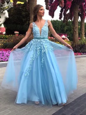 A Line V Neck Light Blue Lace Long Prom Dresses , Light Blue Lace Formal Dresses, Light Blue Evening Dresses