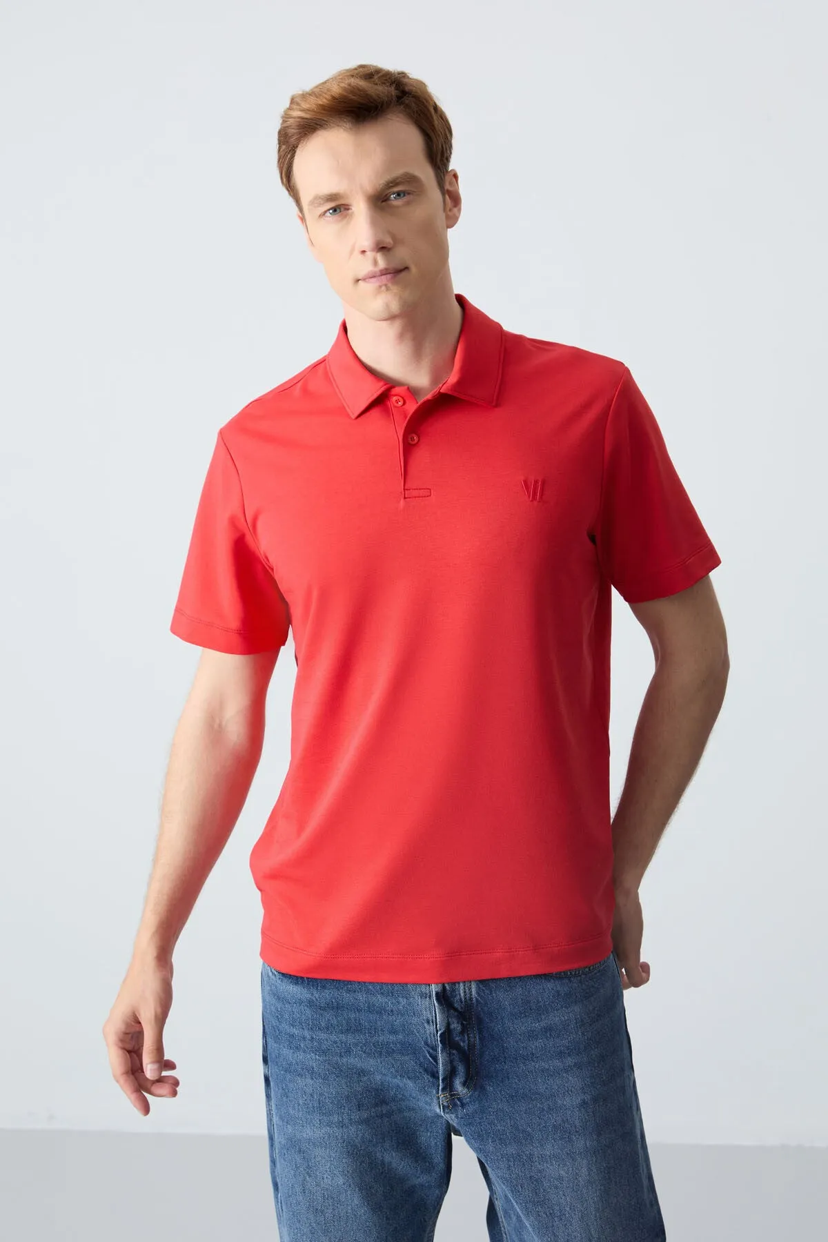 basic göğüs logolu standart kalip triko polo yaka erkek t-shirt - 87768