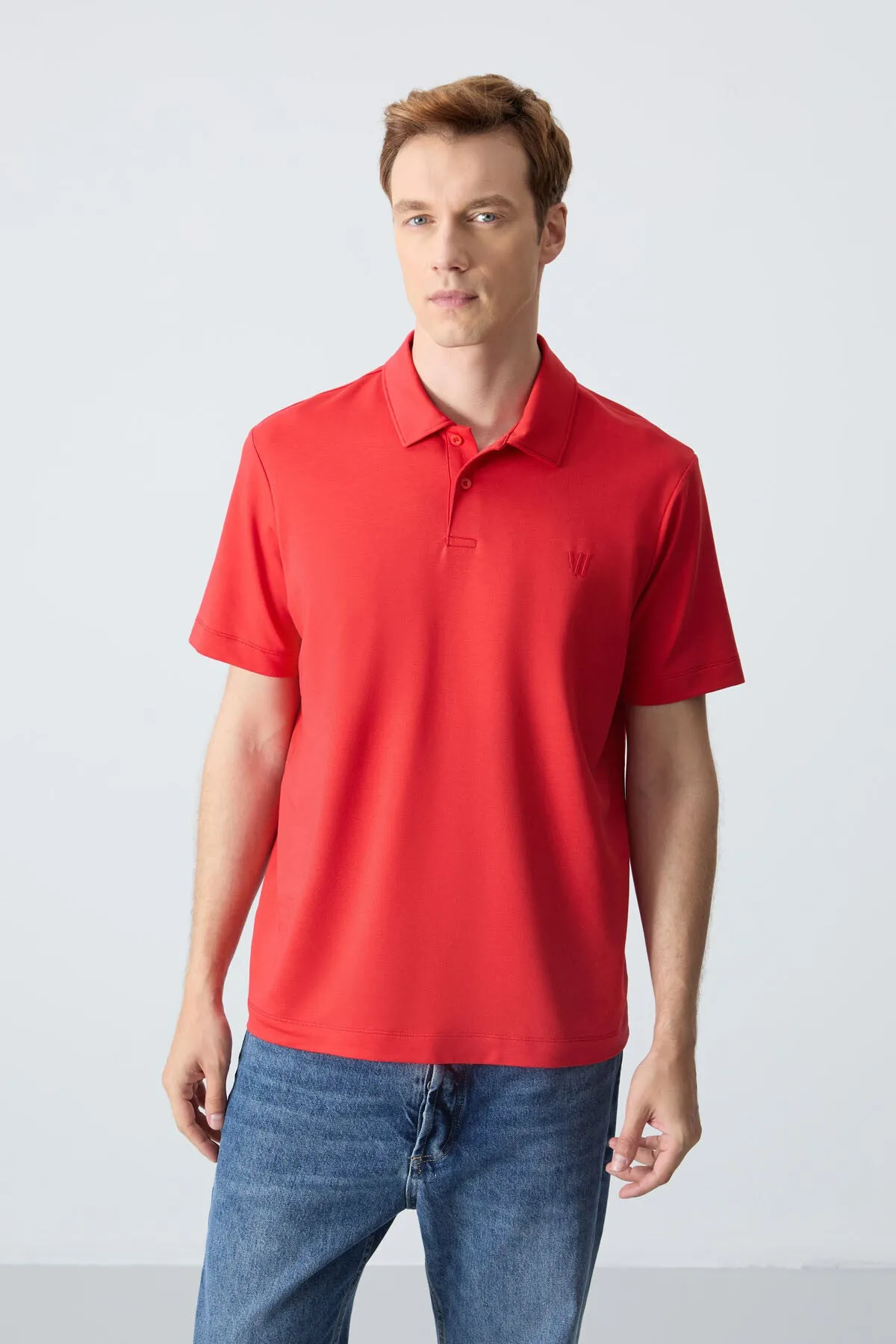 basic göğüs logolu standart kalip triko polo yaka erkek t-shirt - 87768