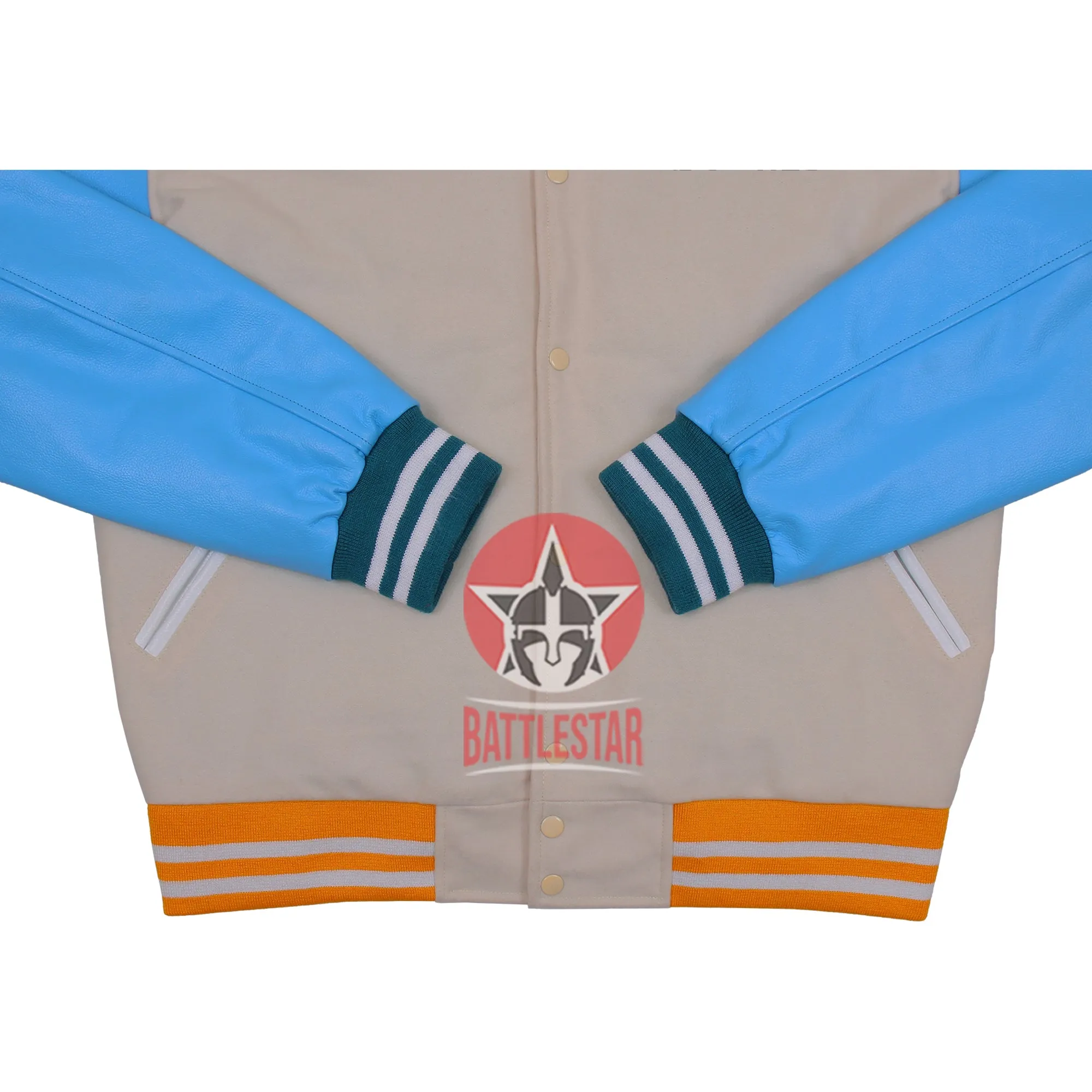 Beige Wool Blue Leather Multi-Rib Varsity Baseball Classic Jacket