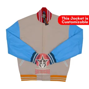 Beige Wool Blue Leather Multi-Rib Varsity Baseball Classic Jacket