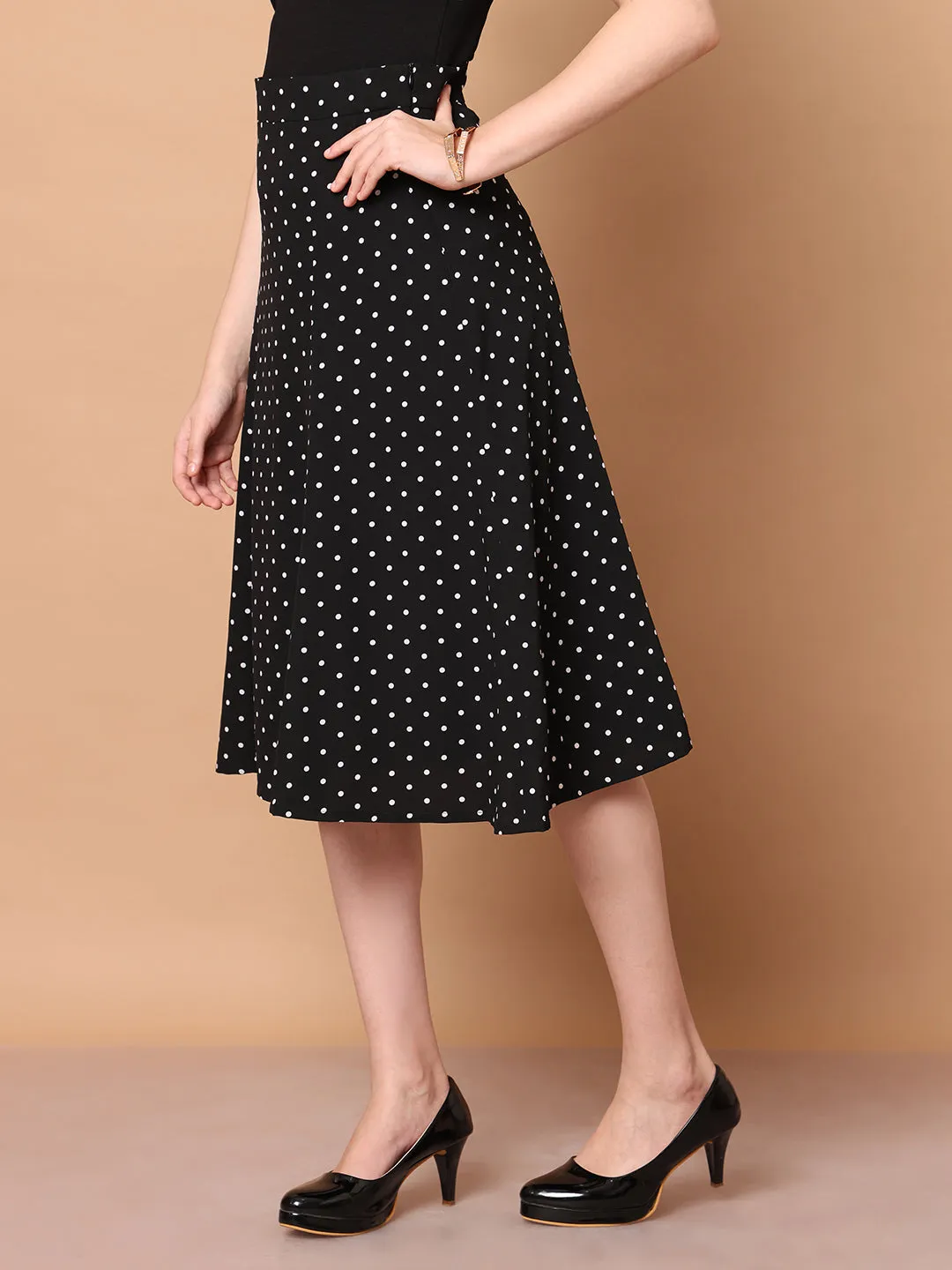 Black Polyester Sculpted Styles Polka Dot Skirt