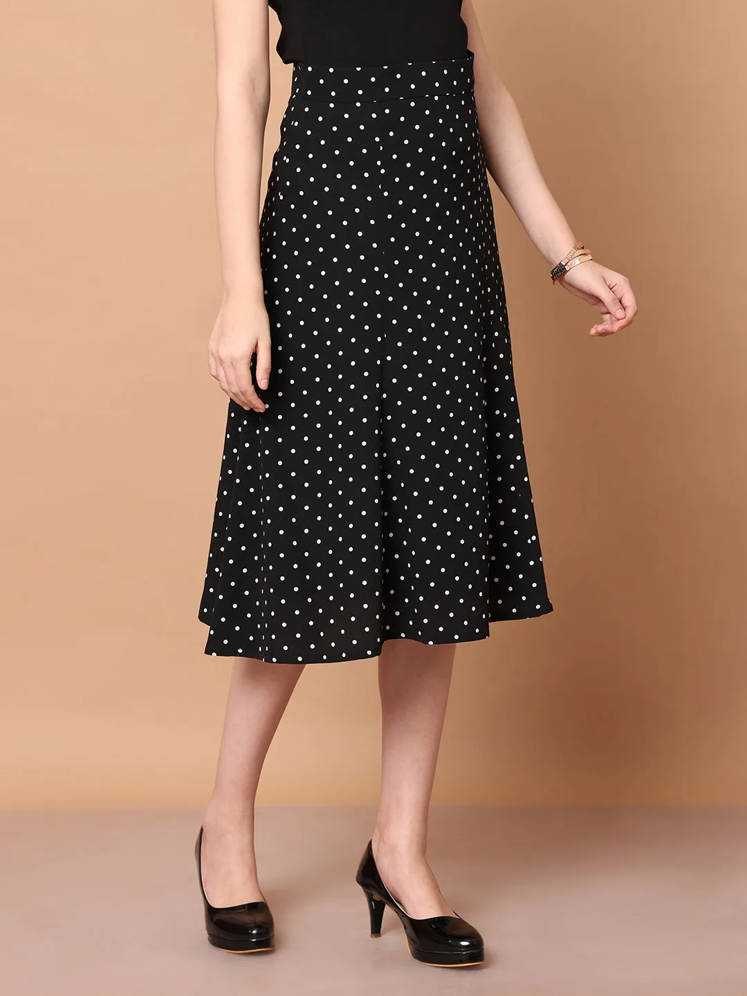 Black Polyester Sculpted Styles Polka Dot Skirt