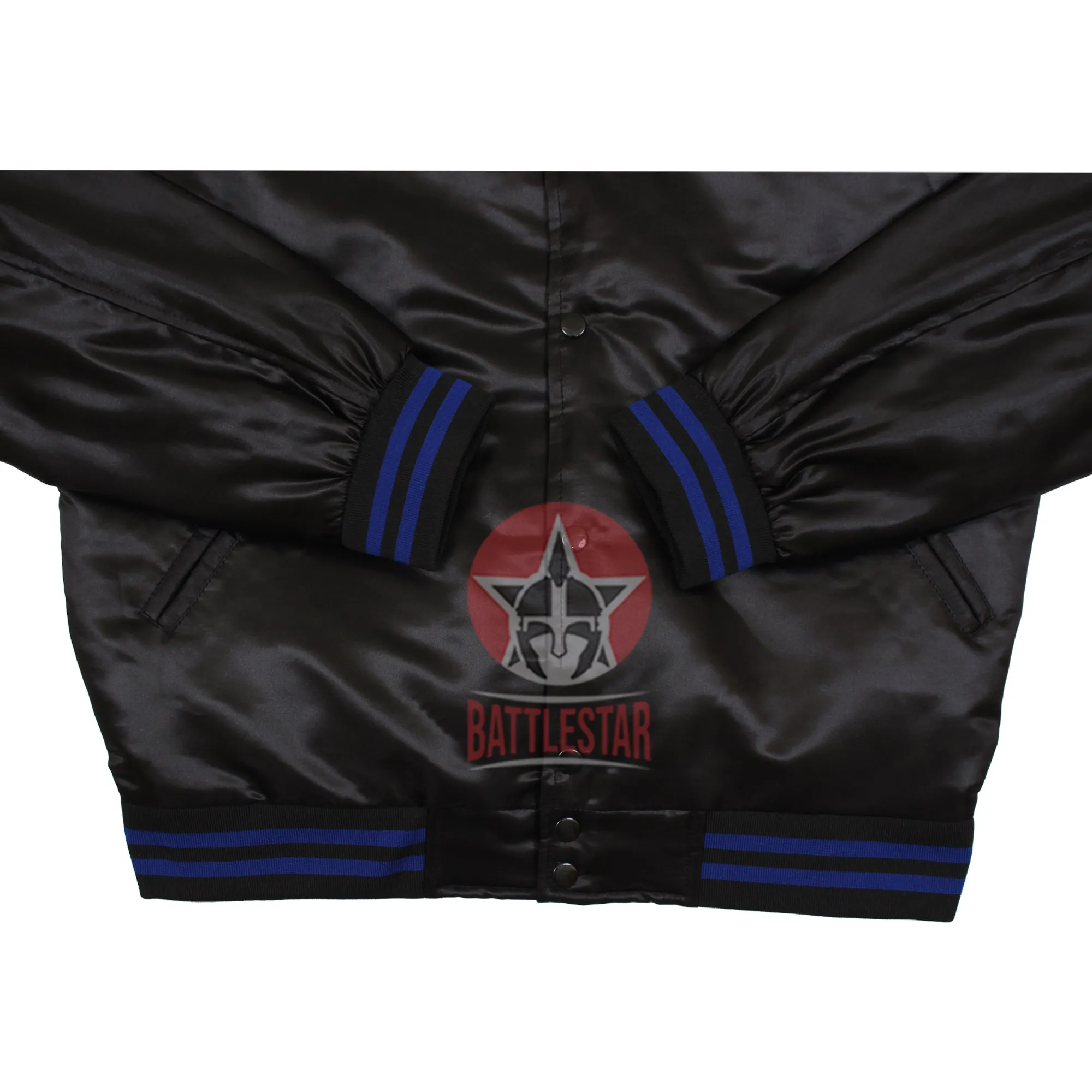 Black Satin Fabric Letterman Baseball Jacket (Black & Blue knit rib)