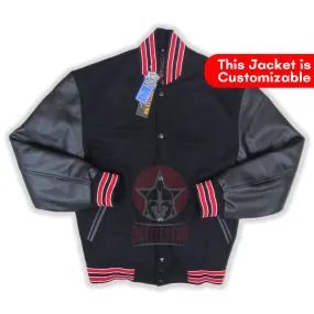 Black Wool Leather Varsity Jacket Black Red Rib With White Feathering