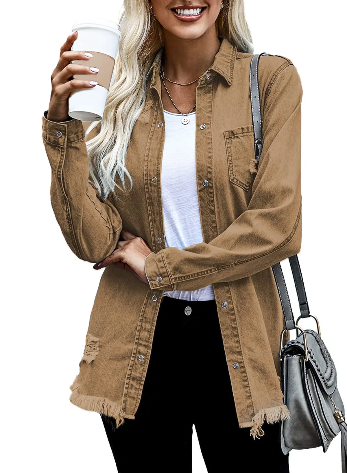 Brown Women's Oversized Denim Jacket Casual Long Boyfriend Distresse Jean Jacket Autumn Spring - Dokotoo