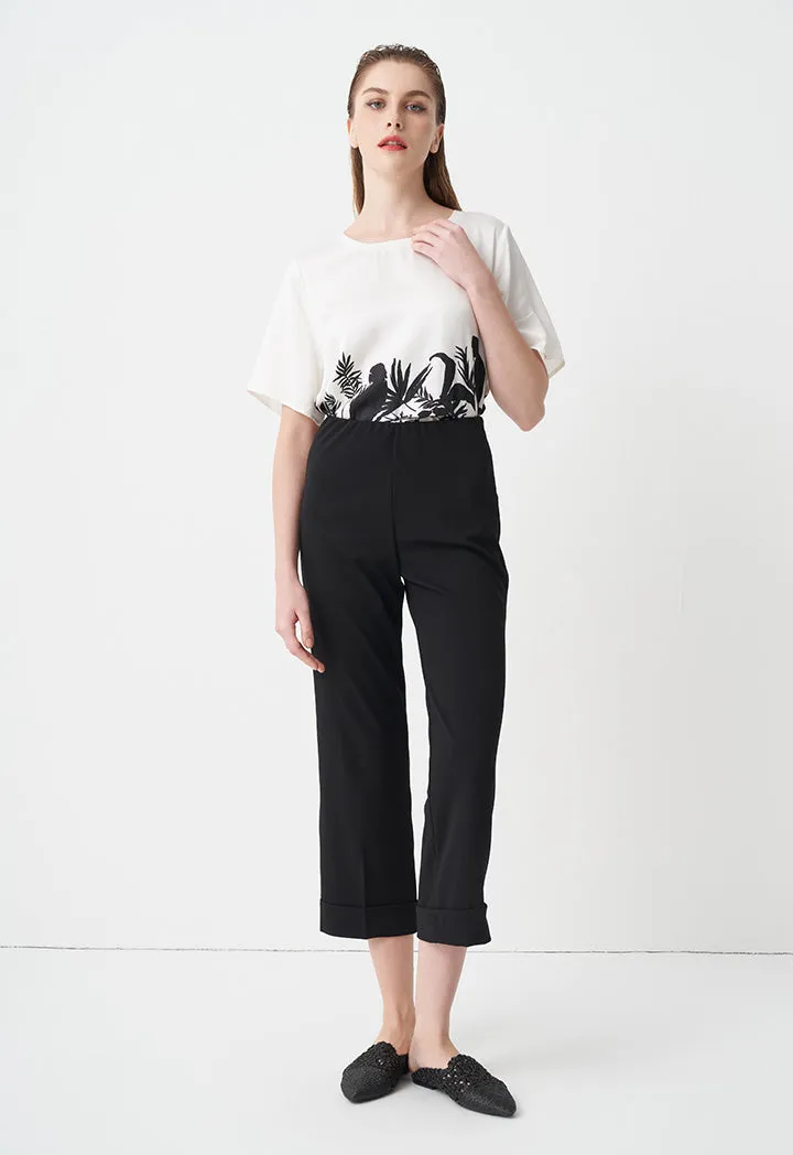 Choice Folded Hem Solid Trousers Black