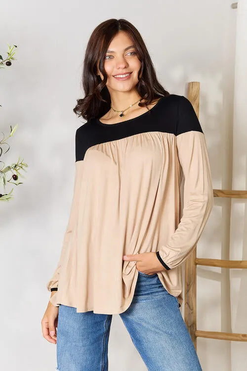 Contrast Long Sleeve Ruched Blouse