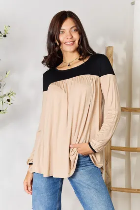 Contrast Long Sleeve Ruched Blouse