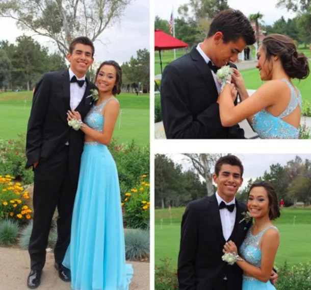 Custom Made A Line Round Neck 2 Pieces Light Blue Long Prom Dress, Blue Formal Dress