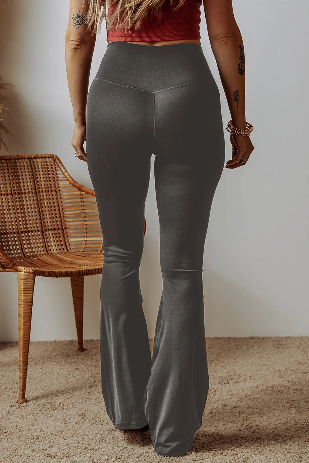 Dark Grey V Shape High Waist Flared Leggings