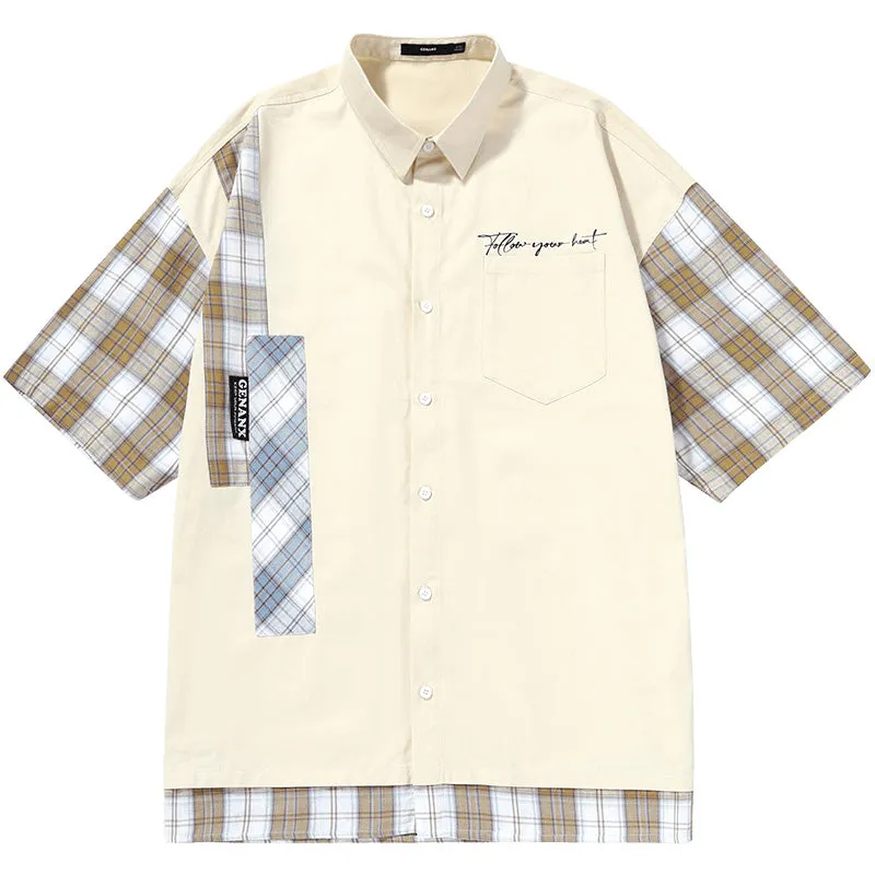 Fake Two Piece Color Block Plaid Short Sleeve Shirt