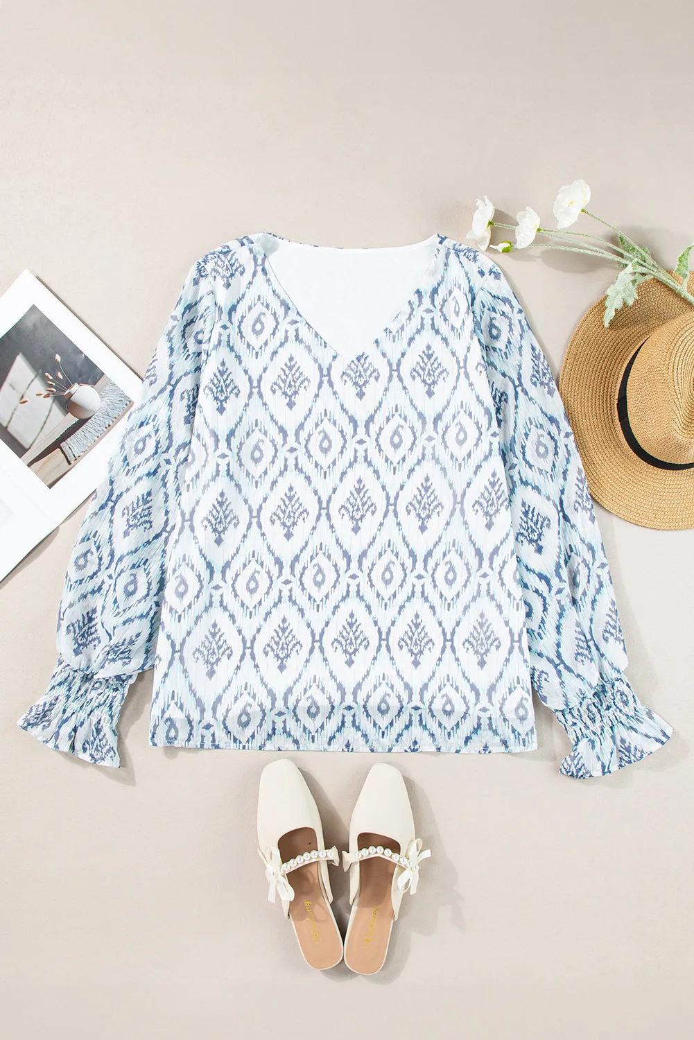 Geometric Print Shirred Puff Sleeve Blouse