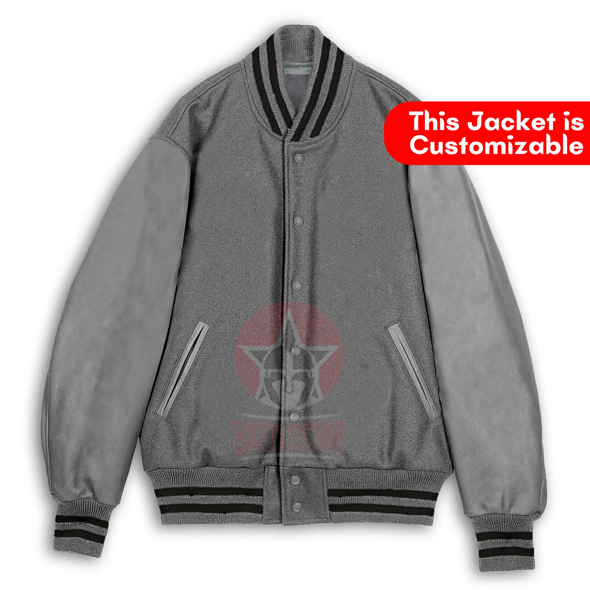 Gray Wool Leather Sleeves Varsity Baseball Jacket