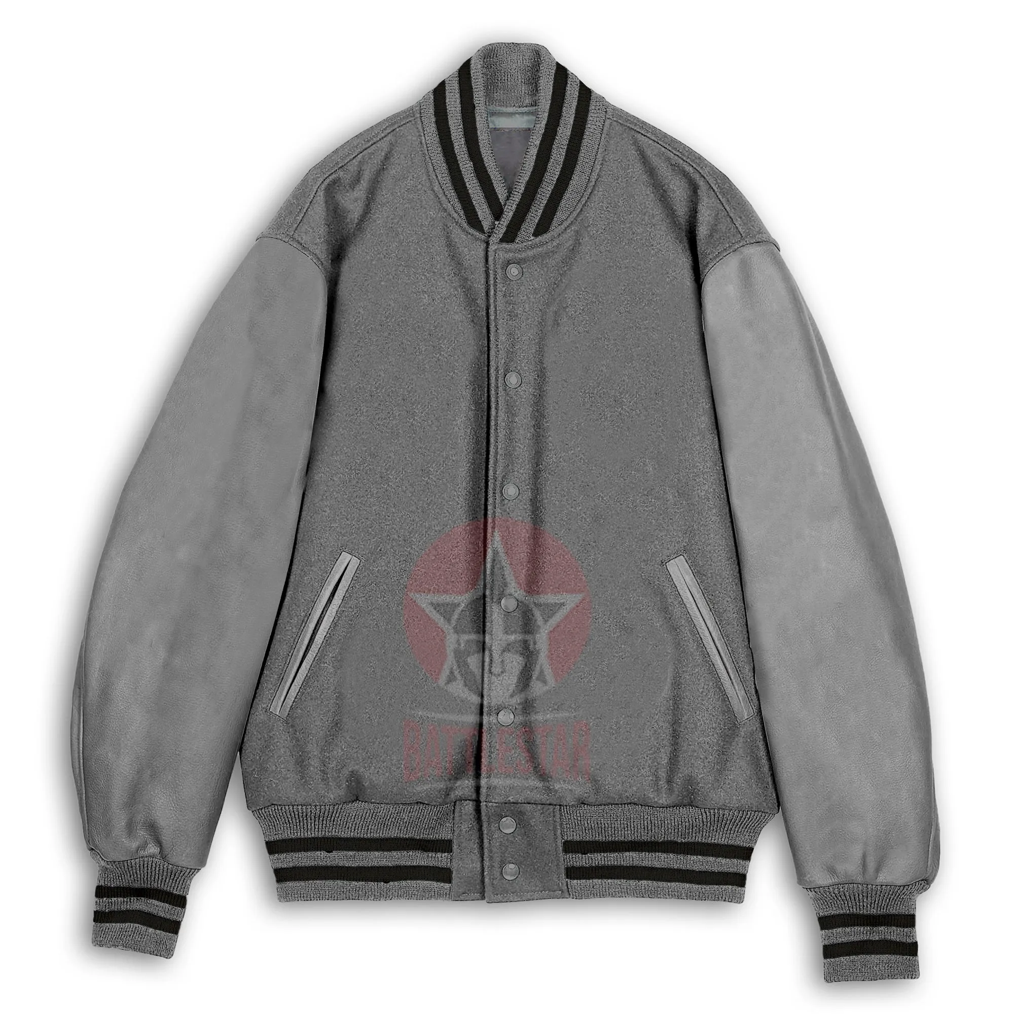 Gray Wool Leather Sleeves Varsity Baseball Jacket