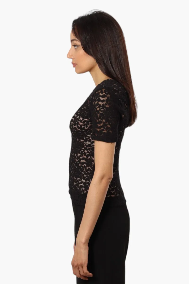 Limite Lace V-Neck Short Sleeve Shirt - Black