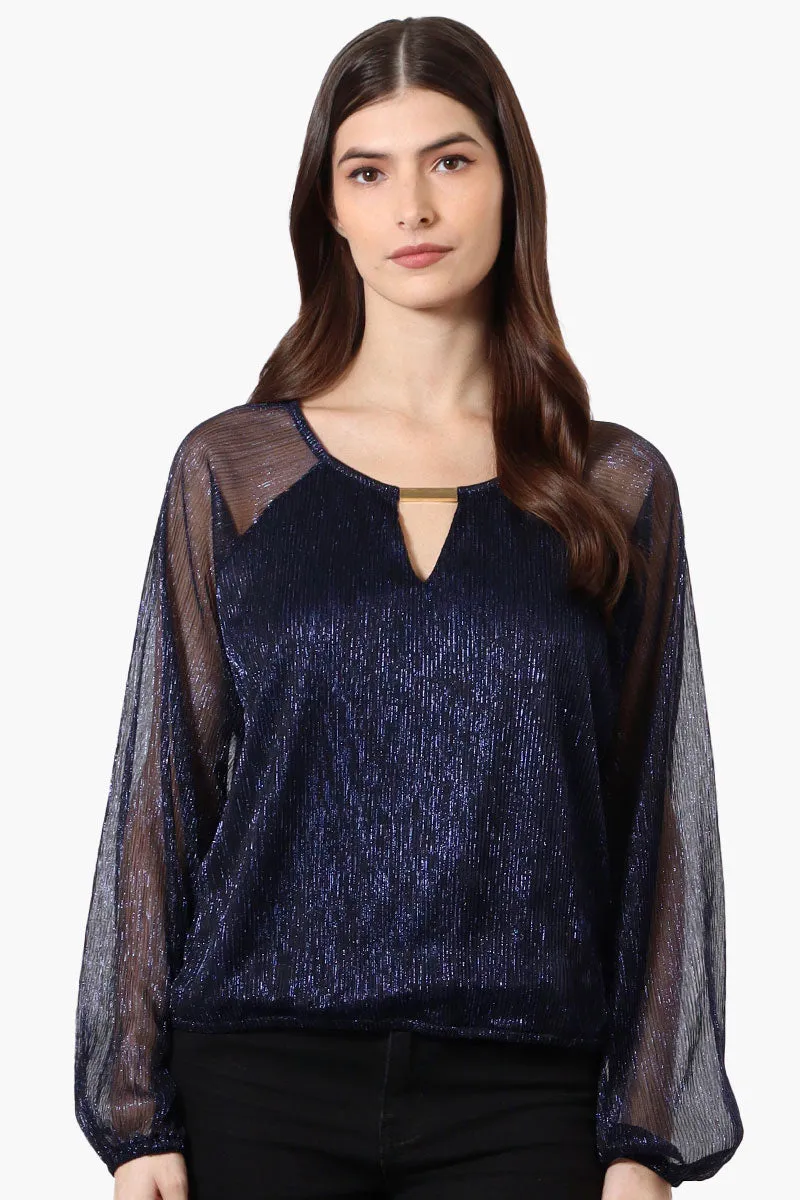 Limite Sheer Sleeve Lurex Keyhole Blouse - Navy