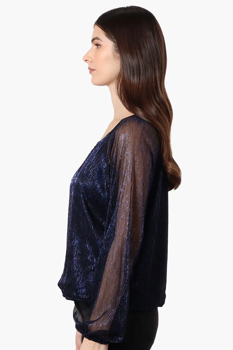 Limite Sheer Sleeve Lurex Keyhole Blouse - Navy