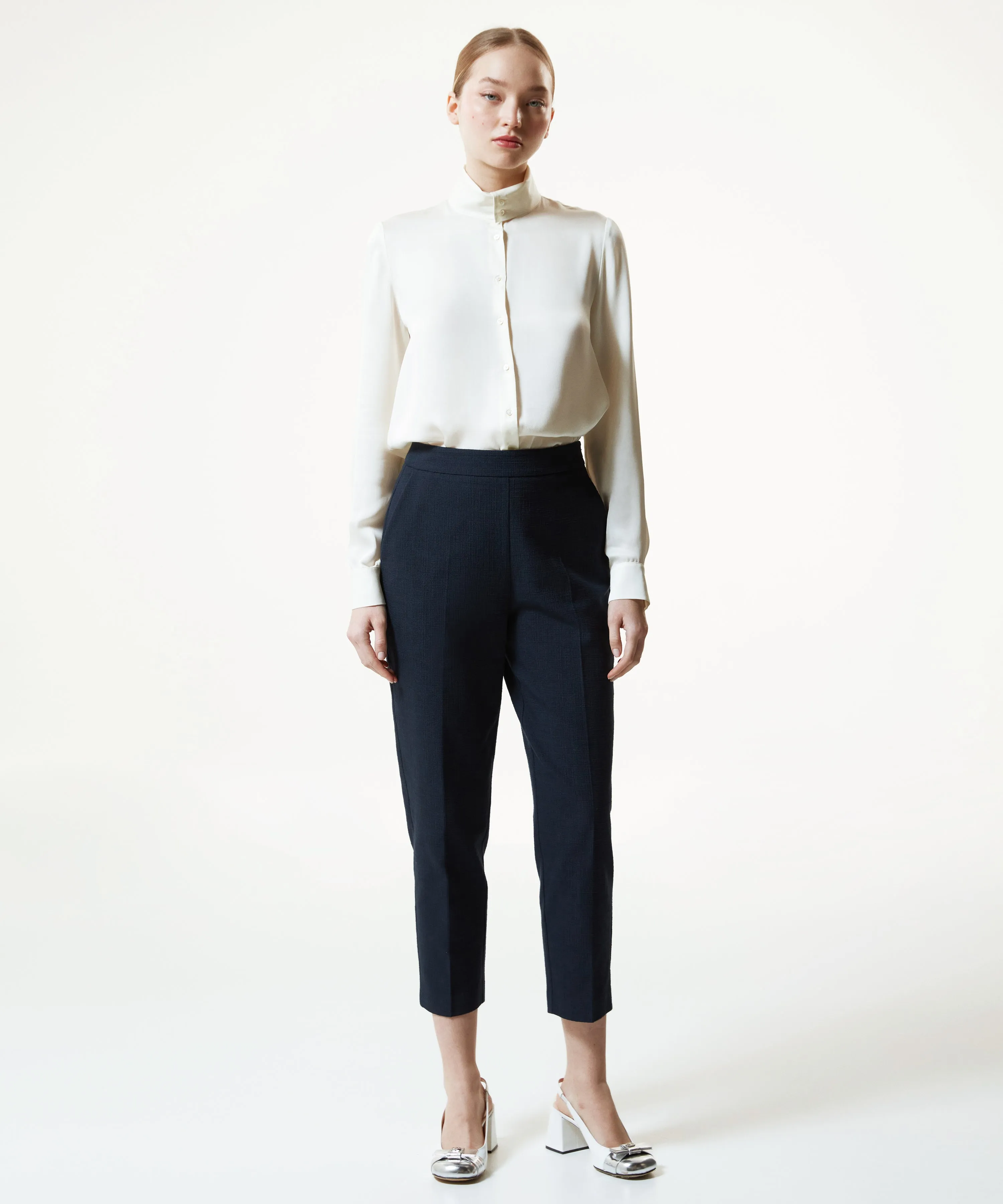 Machka Textured Cigarette Fit Trousers Navy Blue