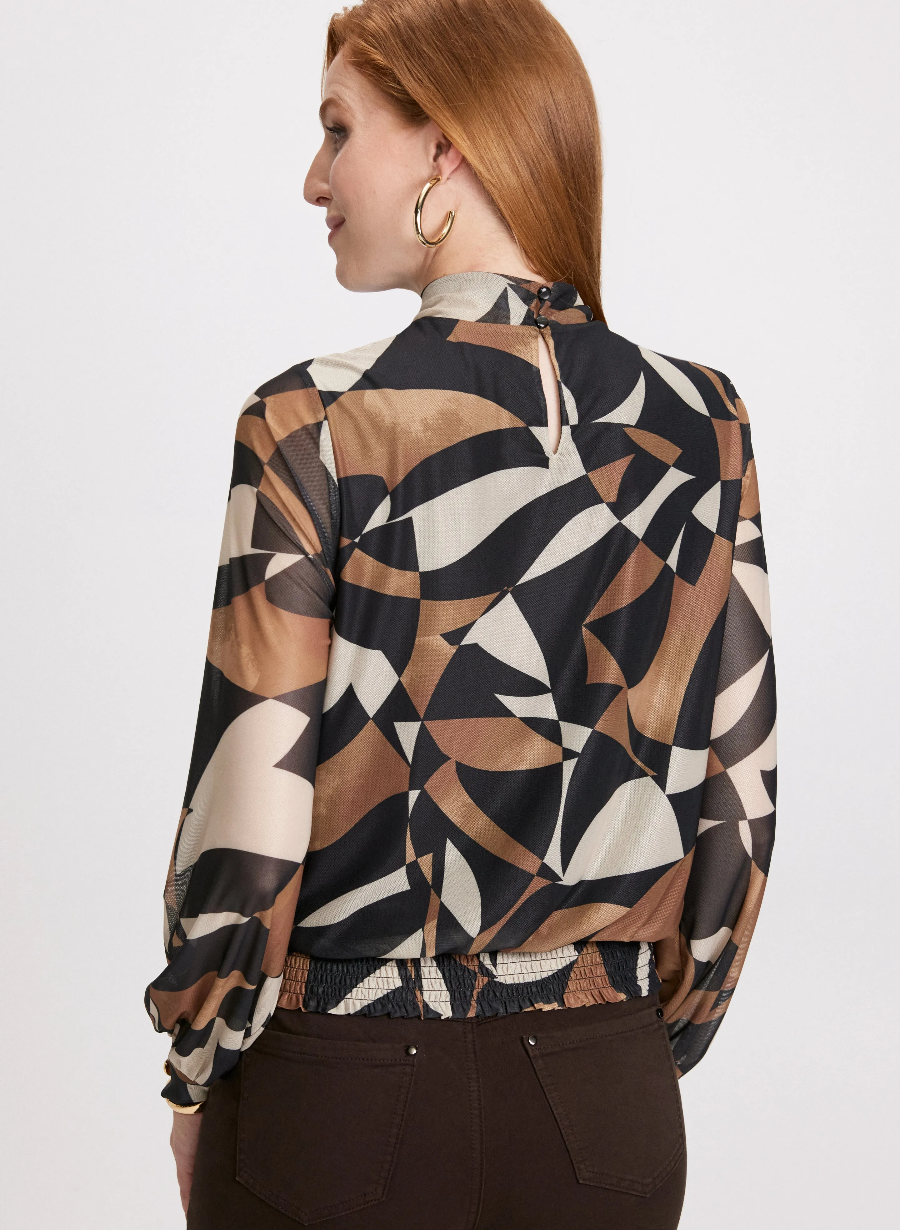 Mock Neck Geometric Print Top