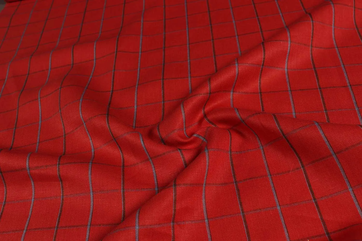 Orangish Red Checks Linen Fabric