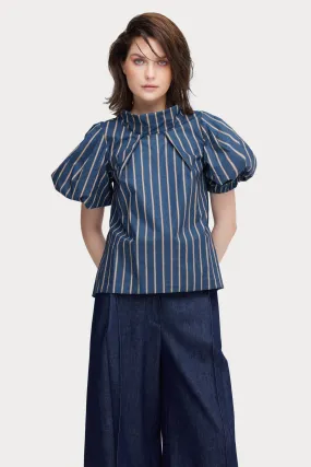 Puff Short-Sleeve Blouse Striped Blue