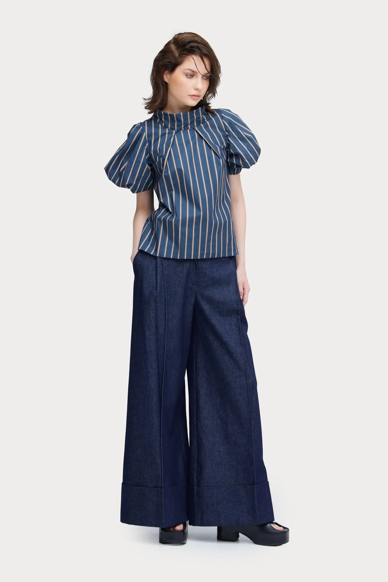 Puff Short-Sleeve Blouse Striped Blue