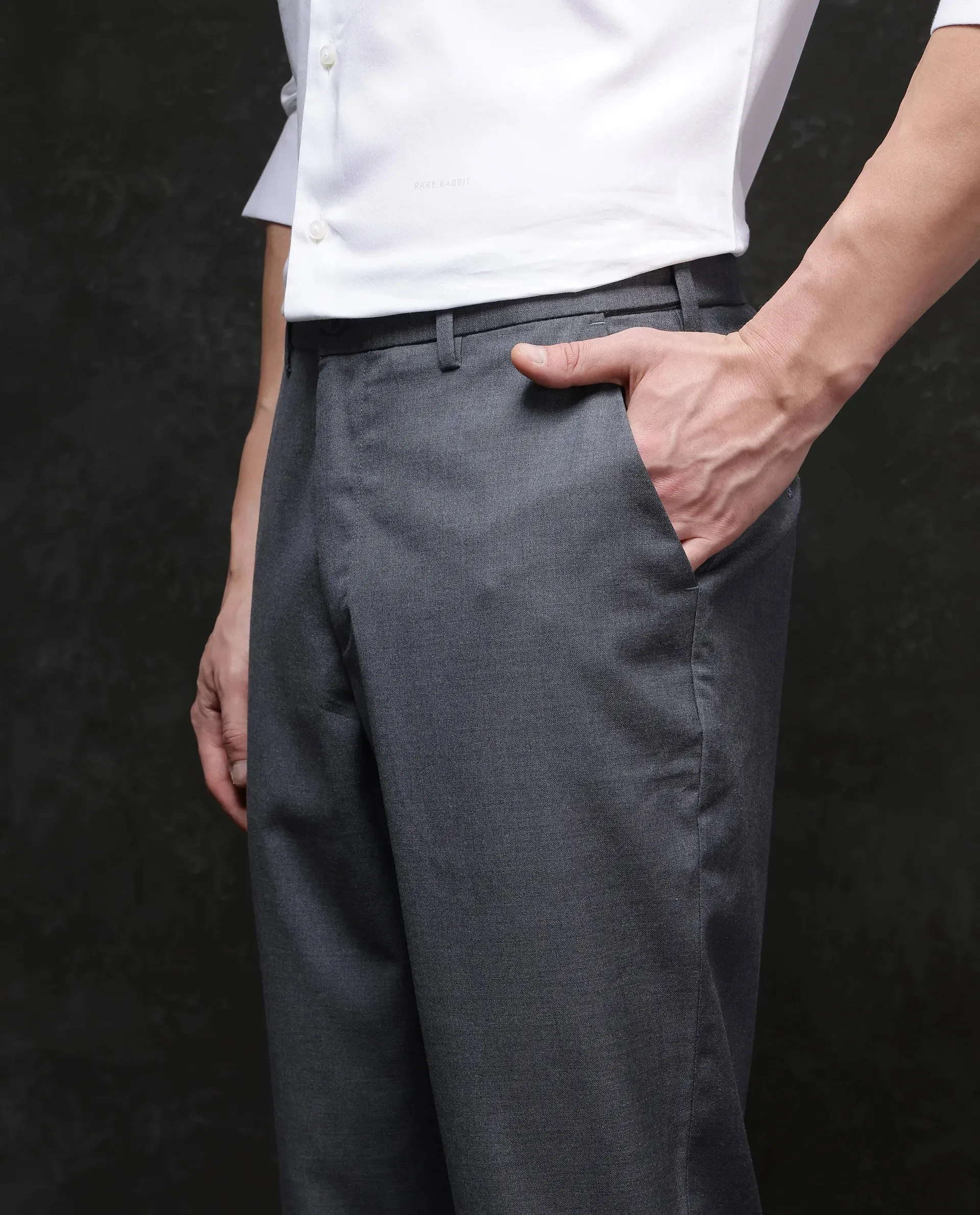 Rare Rabbit Men Ital Grey Cotton Fabric Regular Fit Premium Solid Trouser