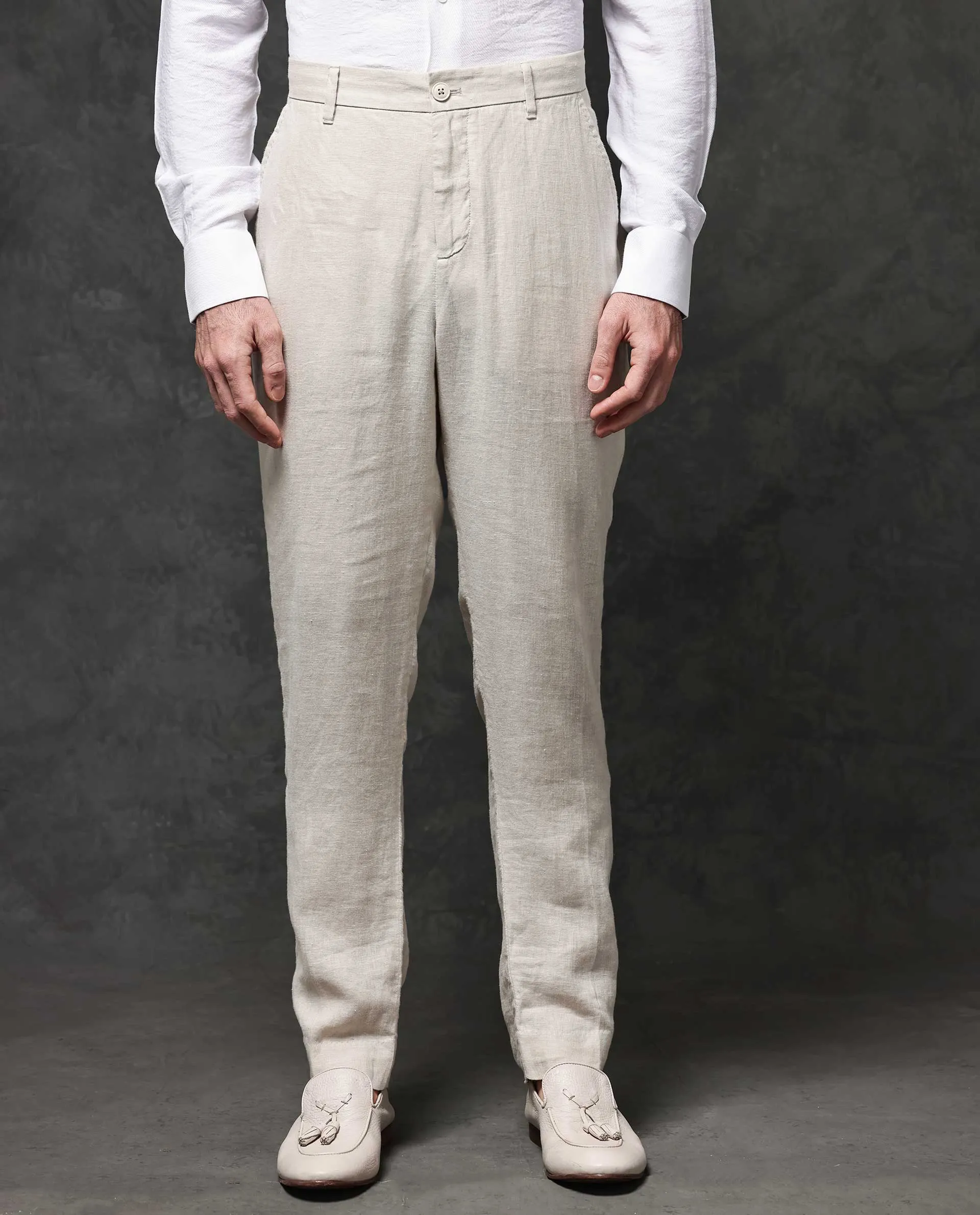 Rare Rabbit Mens Arcelo Beige Linen Mid Rise Regular Fit Solid Trousers