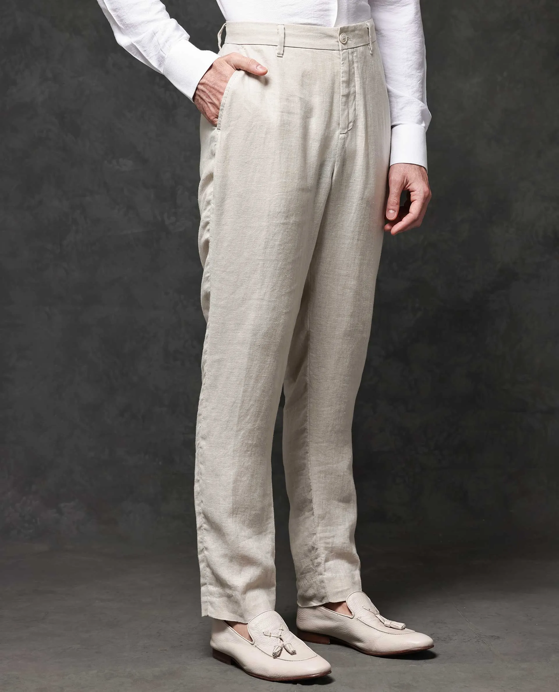 Rare Rabbit Mens Arcelo Beige Linen Mid Rise Regular Fit Solid Trousers