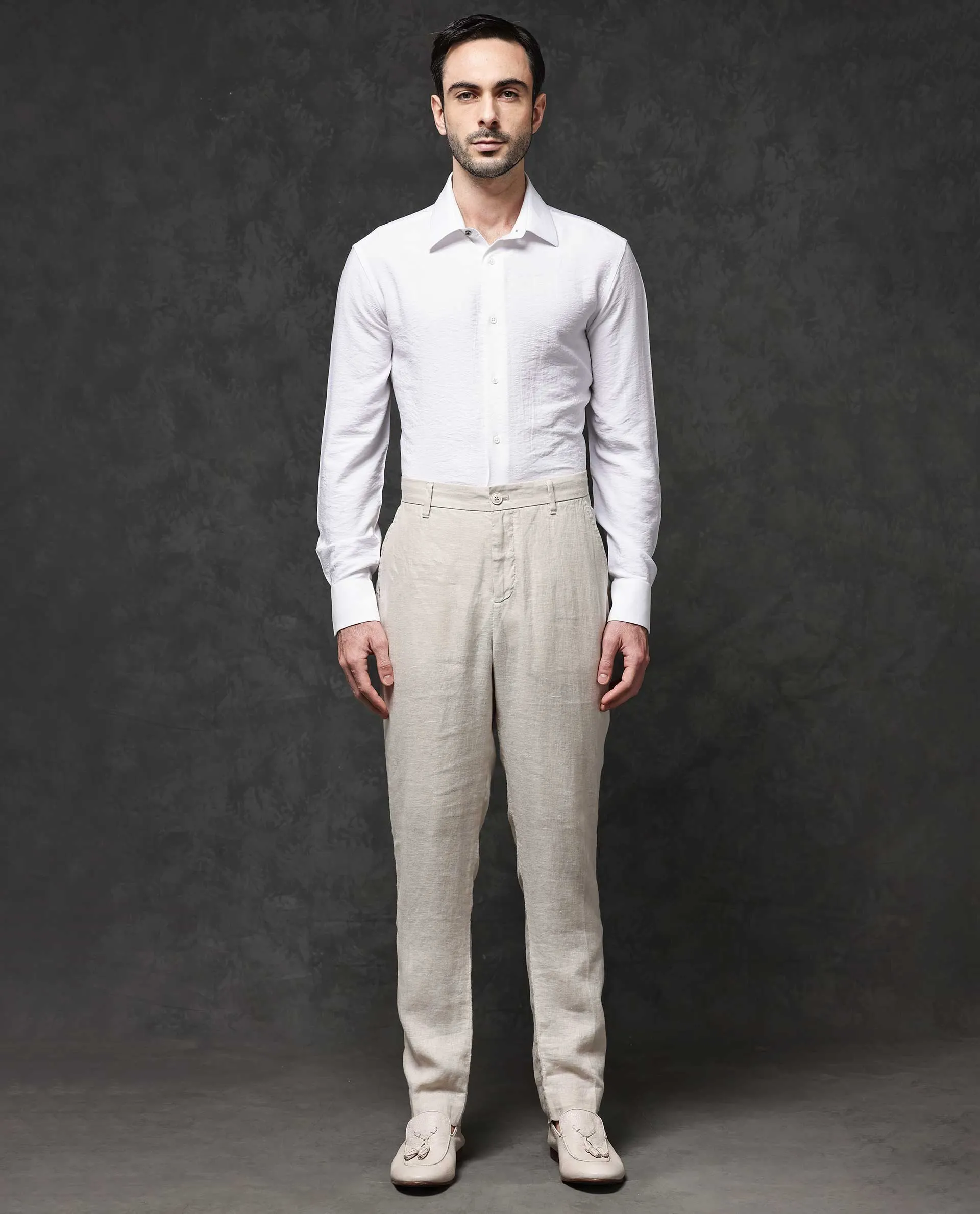 Rare Rabbit Mens Arcelo Beige Linen Mid Rise Regular Fit Solid Trousers