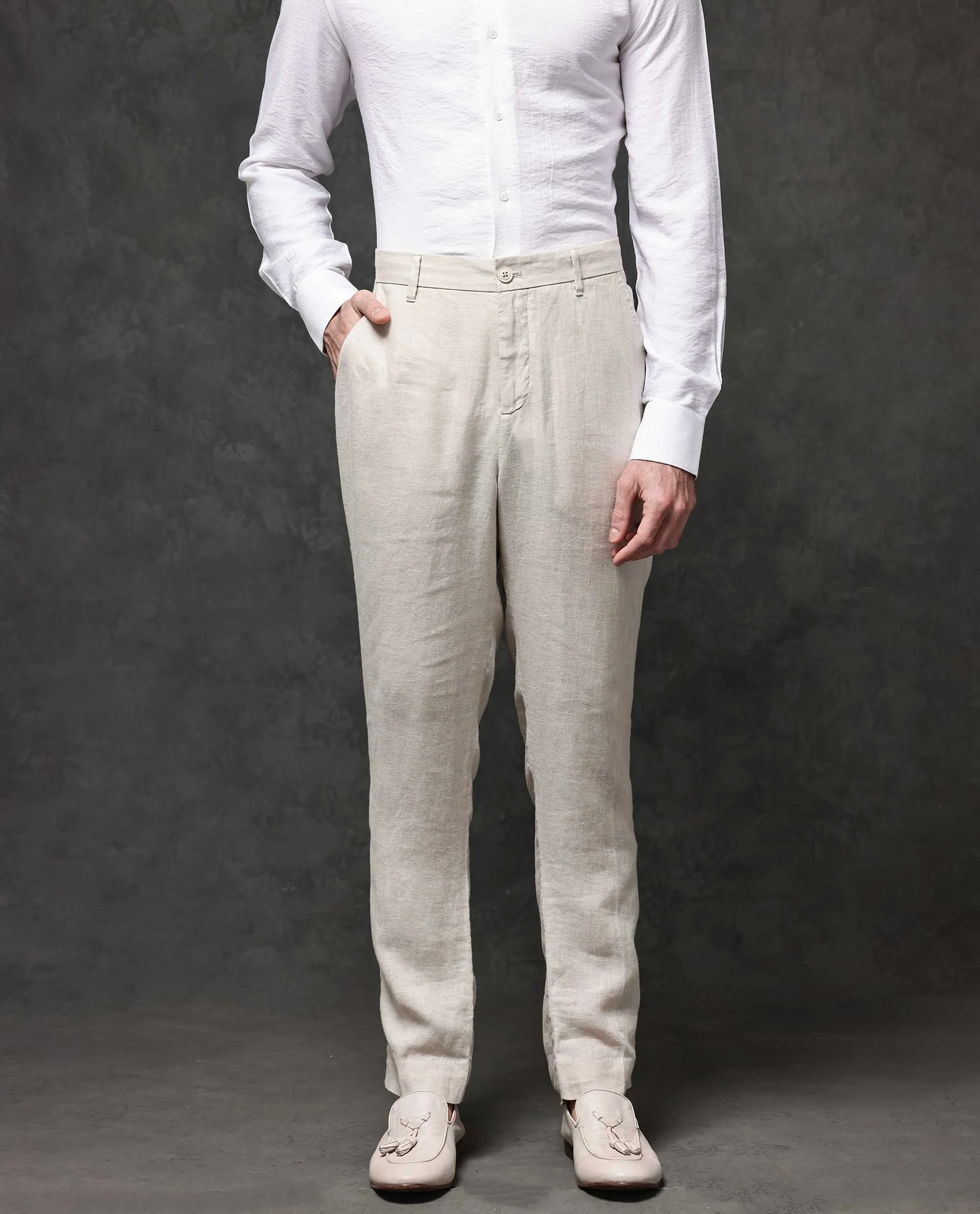 Rare Rabbit Mens Arcelo Beige Linen Mid Rise Regular Fit Solid Trousers