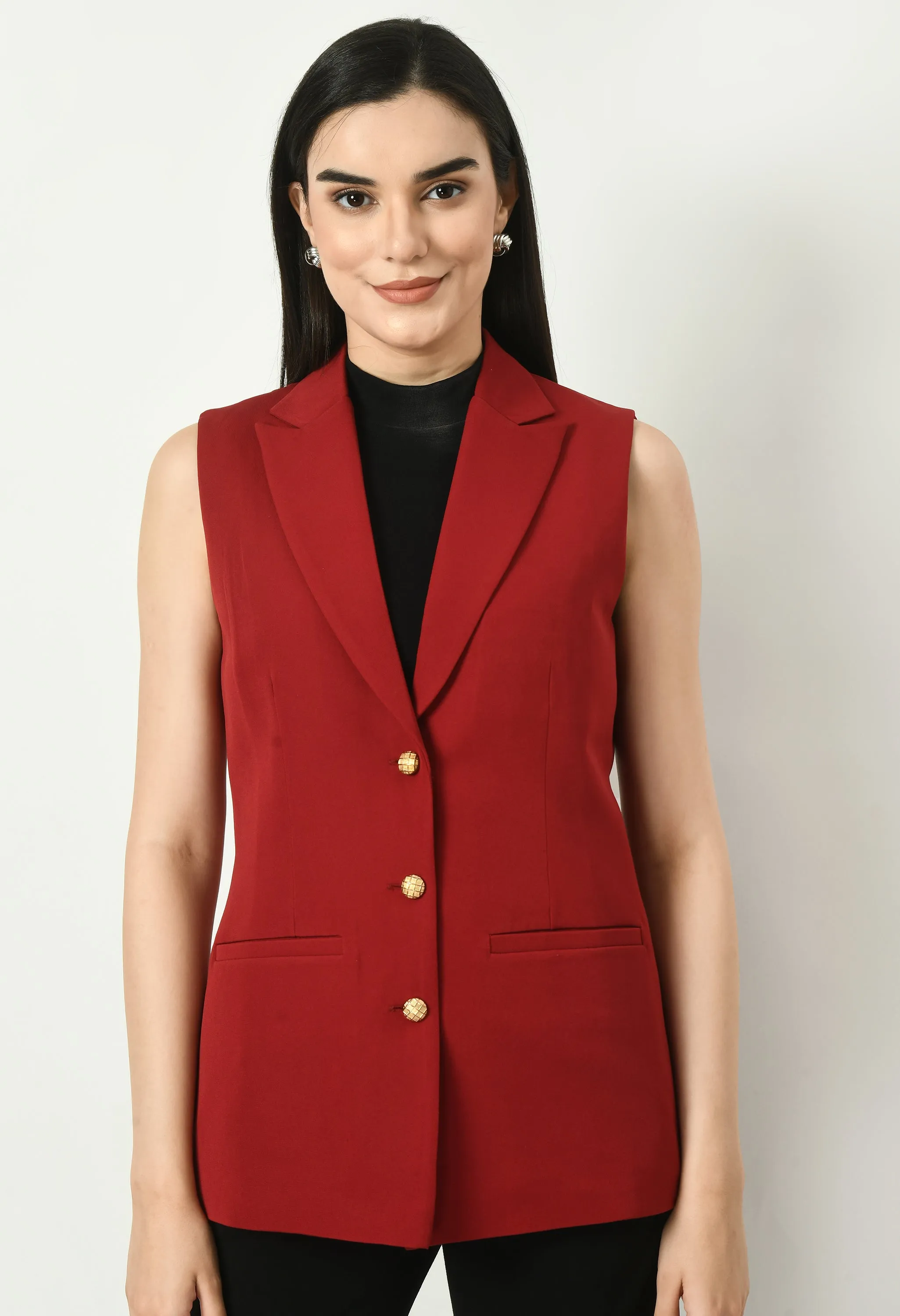 Red Aspiration Sleeveless Blazer With Bootcut Trouser