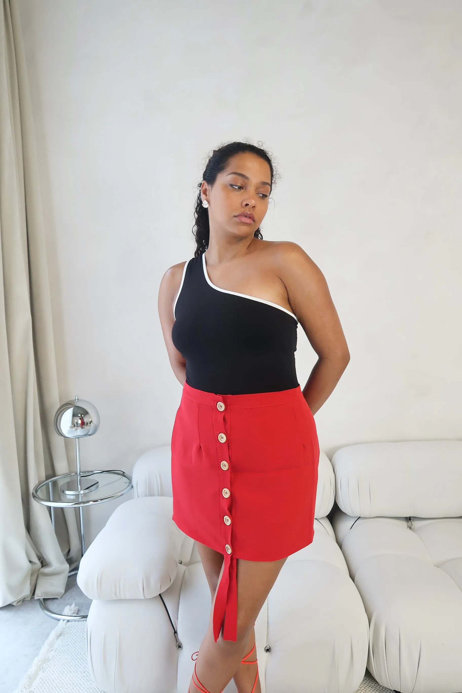 Red Buttoned Front Mini Skirt