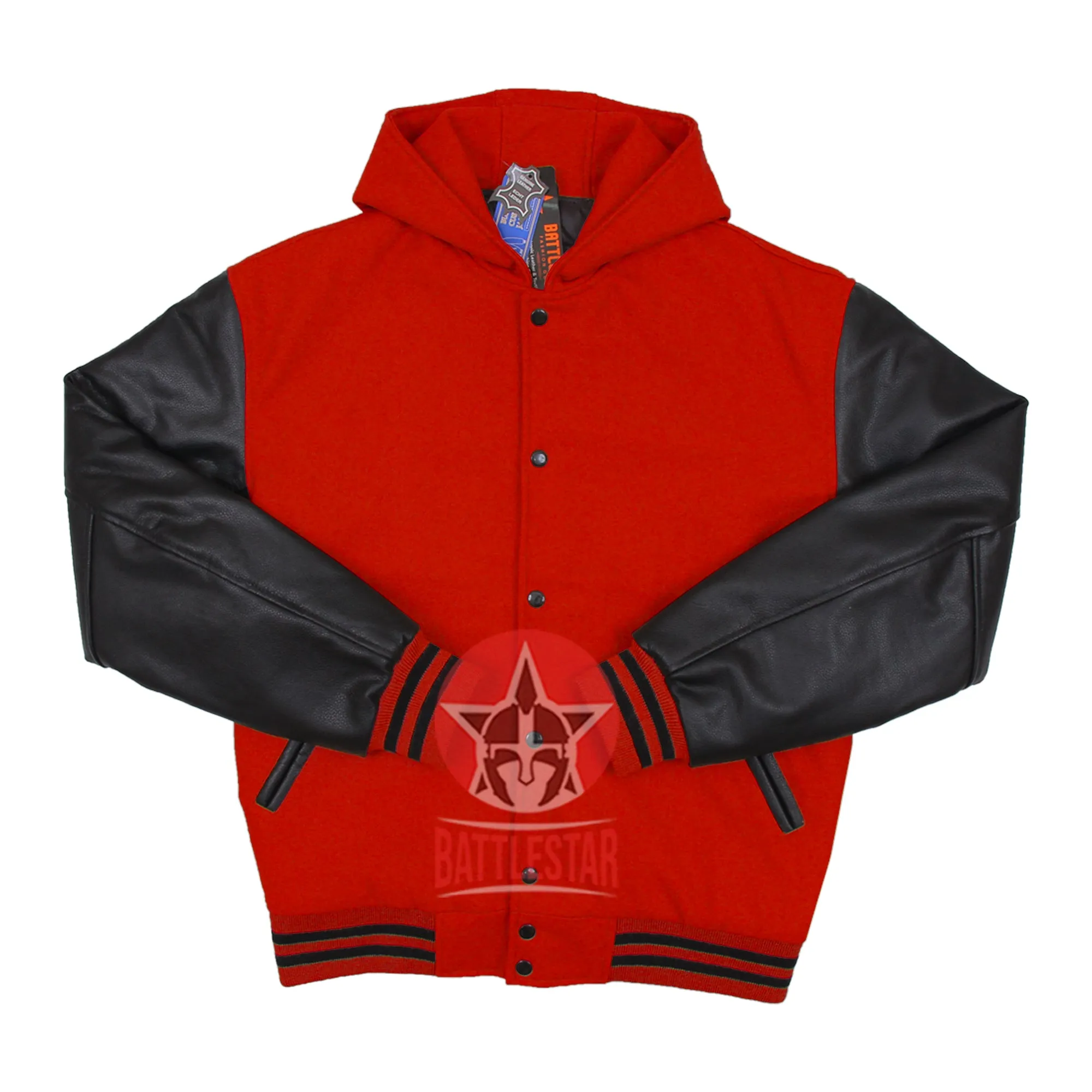 Red Wool Black Leather Hooded Baseball Letterman Varsity Jacket