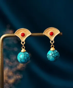 Stylish Green Sterling Silver Gold Plated Inlaid Turquoise Drop Earrings