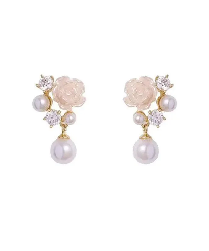 Stylish White Rose Flower Micro-Set Pearl Earrings