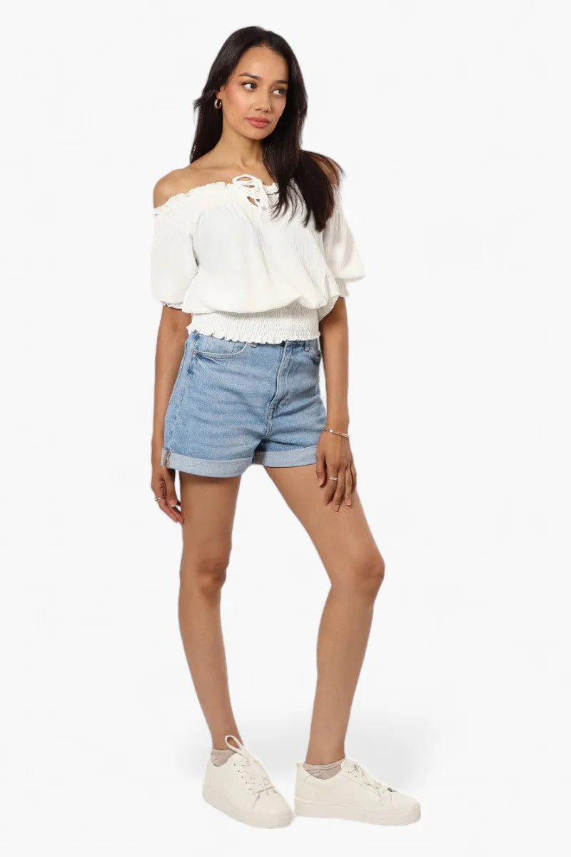 Urbanology Off Shoulder Tie Front Smock Blouse - White