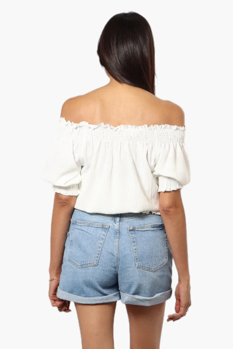 Urbanology Off Shoulder Tie Front Smock Blouse - White