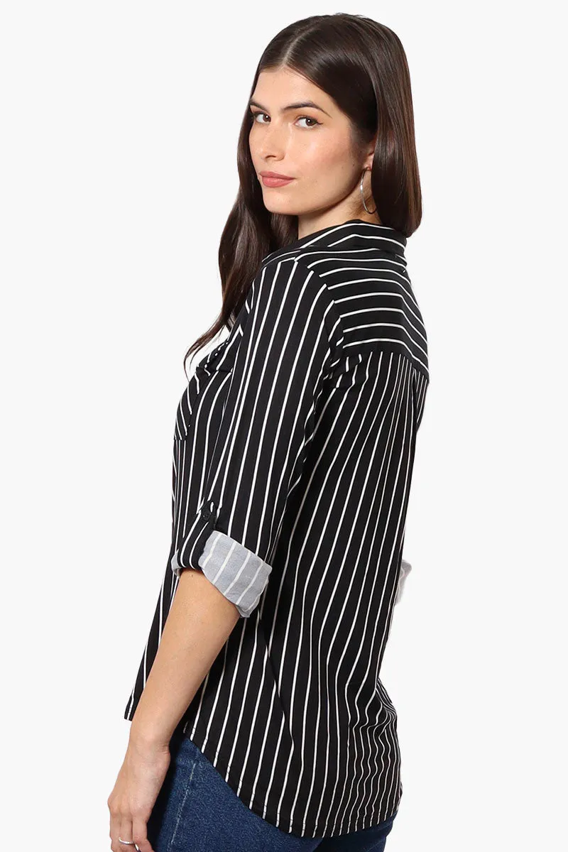 Urbanology Striped Roll Up Sleeve Button Up Shirt - Black