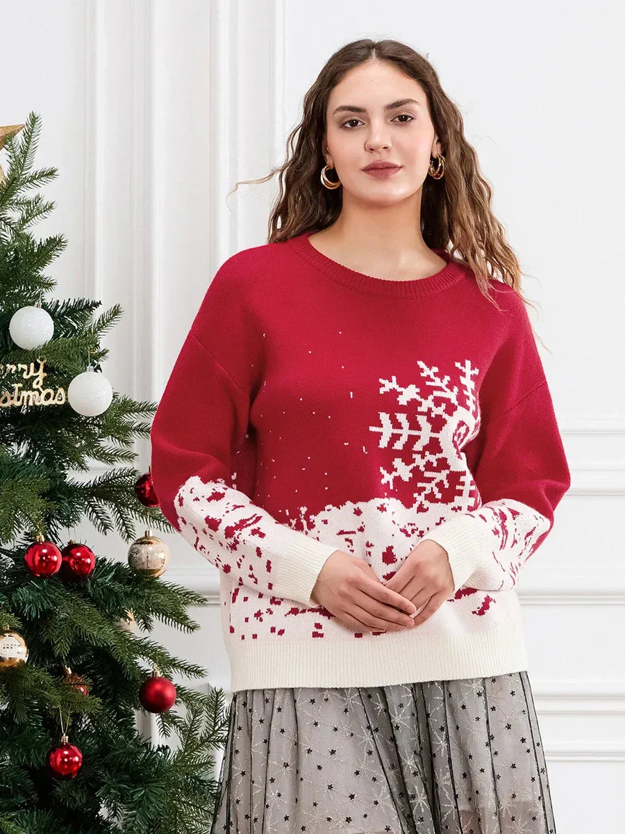 Wenkouban-Christmas Thanksgiving outfits_Classic Snowflake Christmas Tree Print Crew Neck Warm Pullover Christmas Sweater