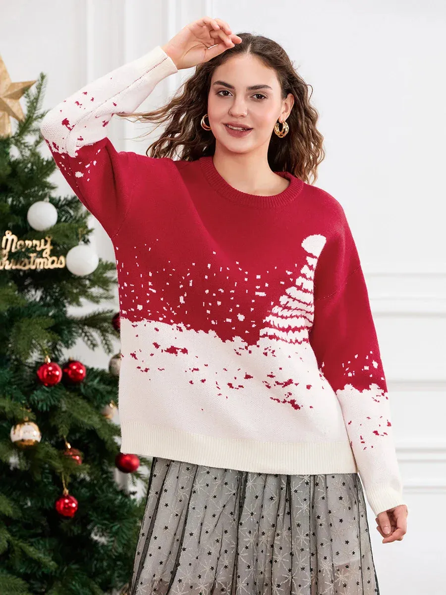 Wenkouban-Christmas Thanksgiving outfits_Classic Snowflake Christmas Tree Print Crew Neck Warm Pullover Christmas Sweater