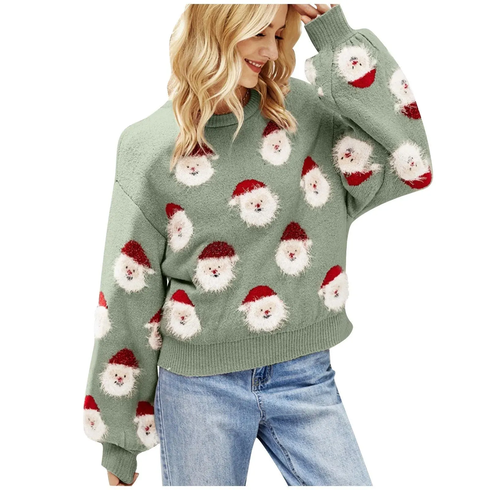 Wenkouban-Christmas Thanksgiving outfits_Round Neck Casual Oversized Warm Christmas Santa Head Christmas Sweater