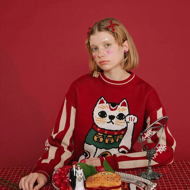 Wenkouban-Christmas Thanksgiving outfits_Thick Warm Retro Lucky Cat Red Cotton Jumper Christmas Sweater