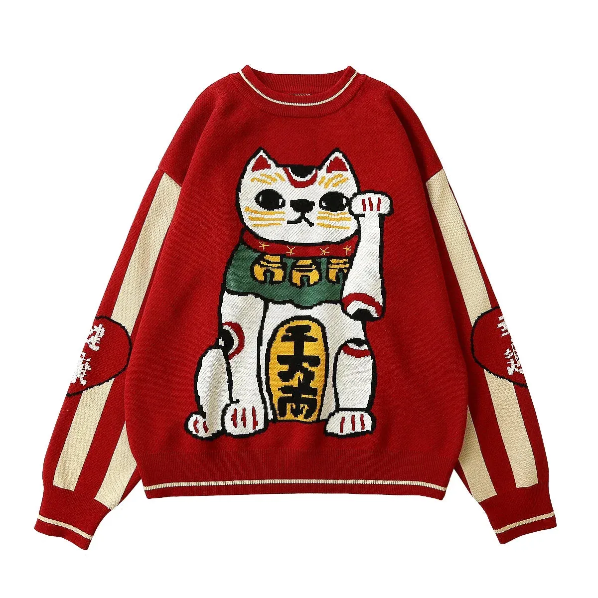 Wenkouban-Christmas Thanksgiving outfits_Thick Warm Retro Lucky Cat Red Cotton Jumper Christmas Sweater