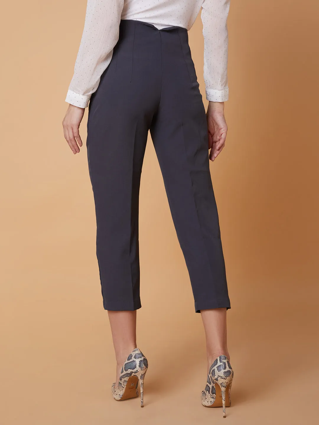 Women Pleated Solid Charcoal Formal Trousers