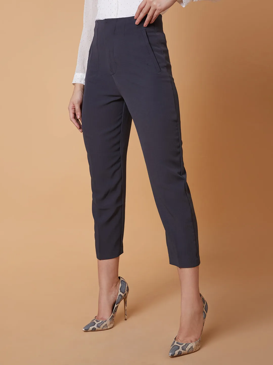 Women Pleated Solid Charcoal Formal Trousers