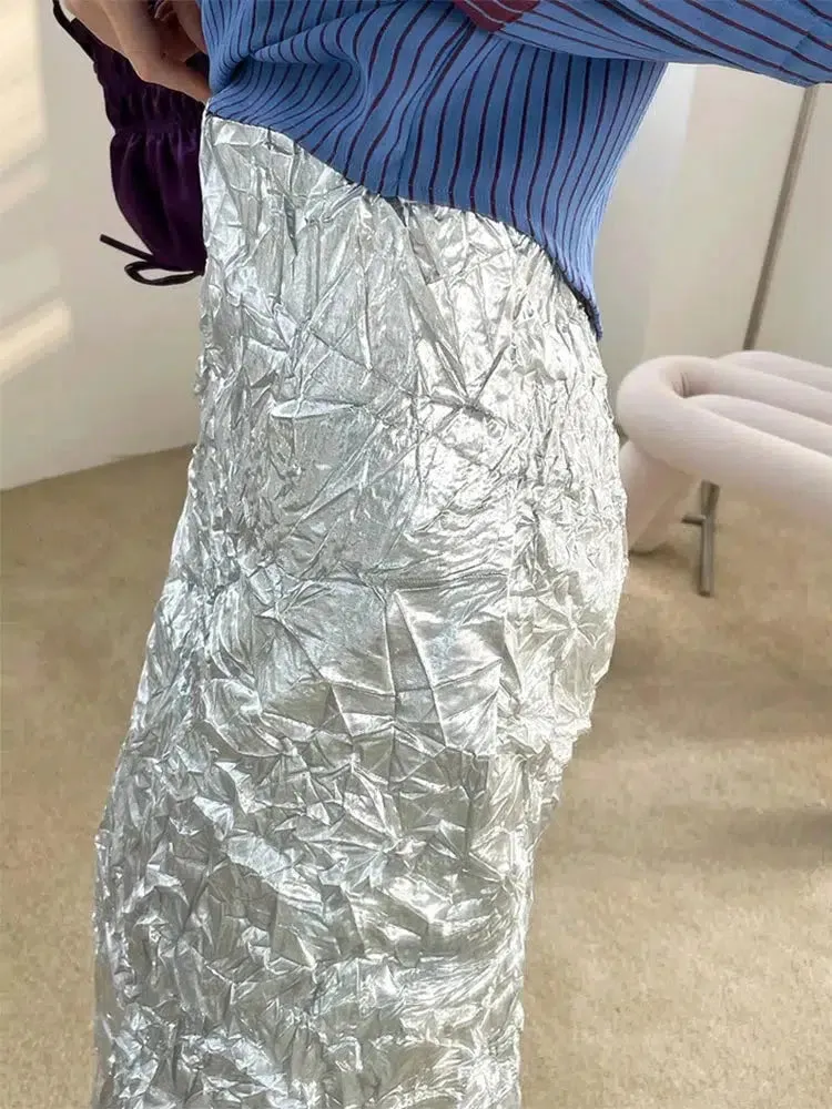 Wrinkled Silver Midi Skirt